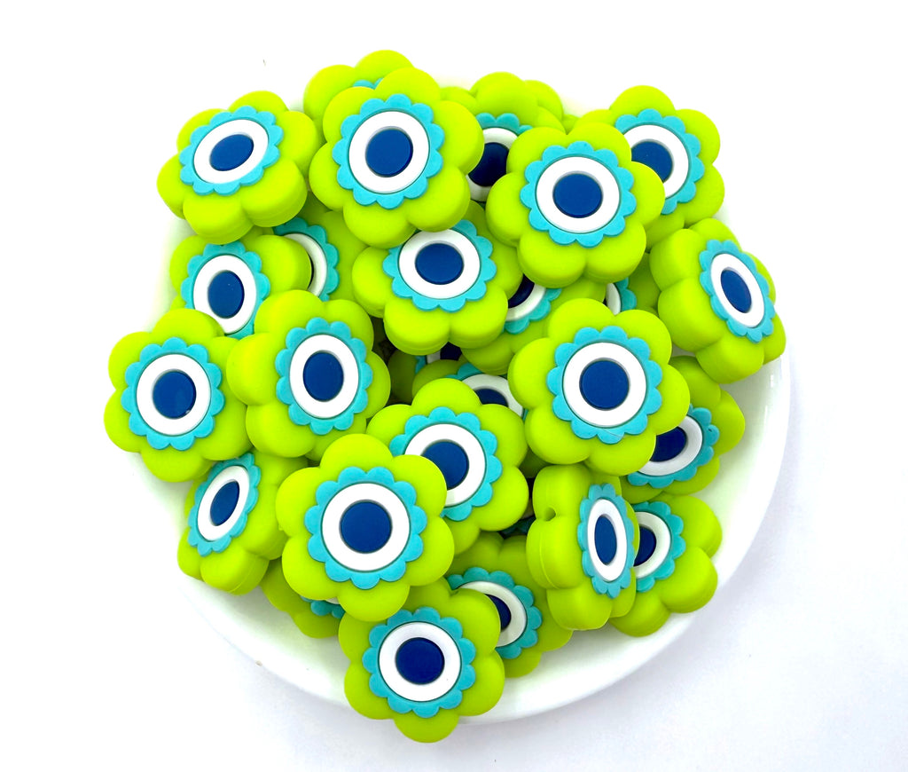 Green, Blue & White Flower Silicone Focal Beads