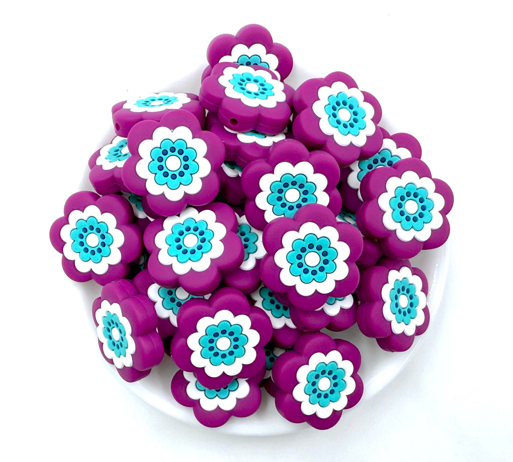 Purple, Blue & White Flower Silicone Focal Beads