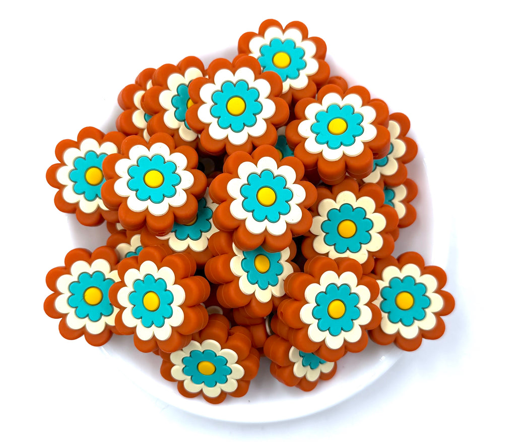 Pumpkin, Beige & Turquoise Flower Silicone Focal Beads