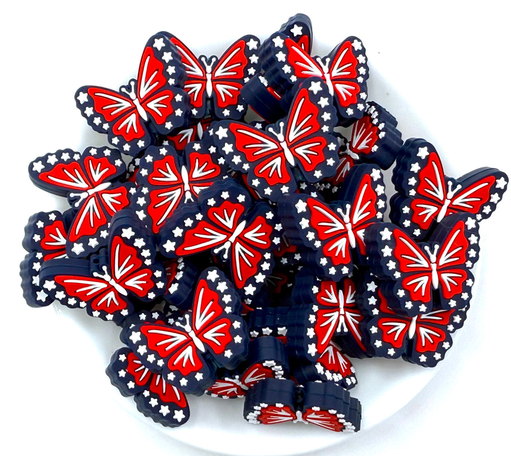 Butterfly Silicone Focal Beads--Red, White & Navy Blue