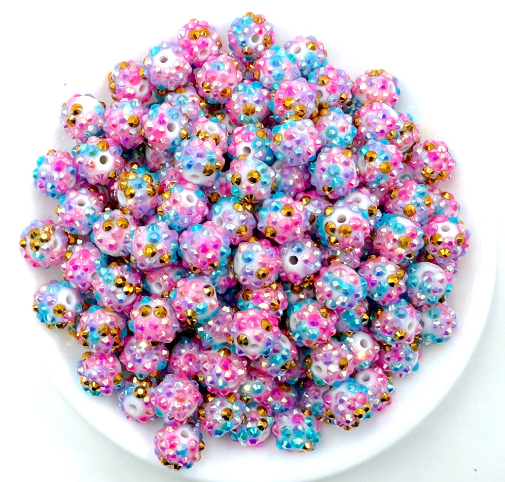 12mm Mermaid Confetti Pink, Aqua, Purple & Gold Rhinestone Beads