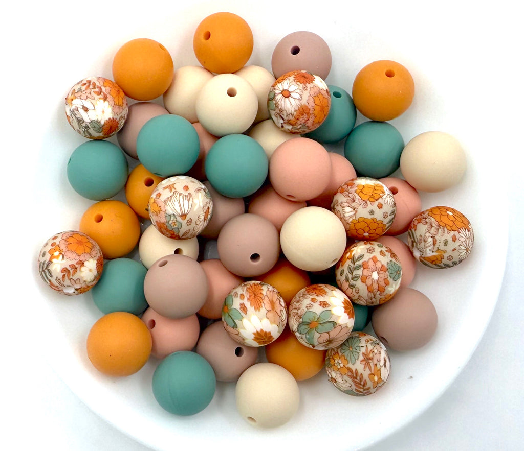 Peach & Mango Boho Flower Silicone Bead Mix--Beige, Victorian rose, Eucalyptus