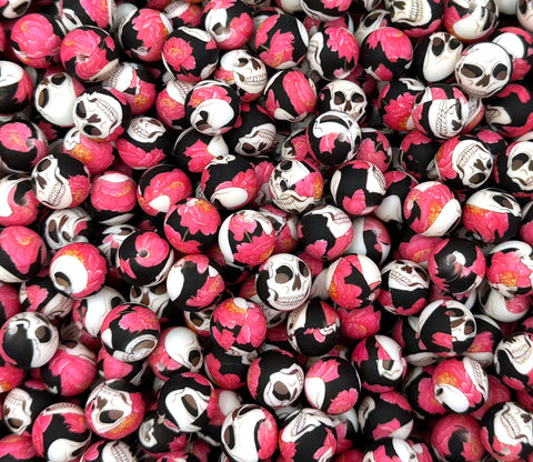 15mm Pink Skull Printed Silicone Beads
