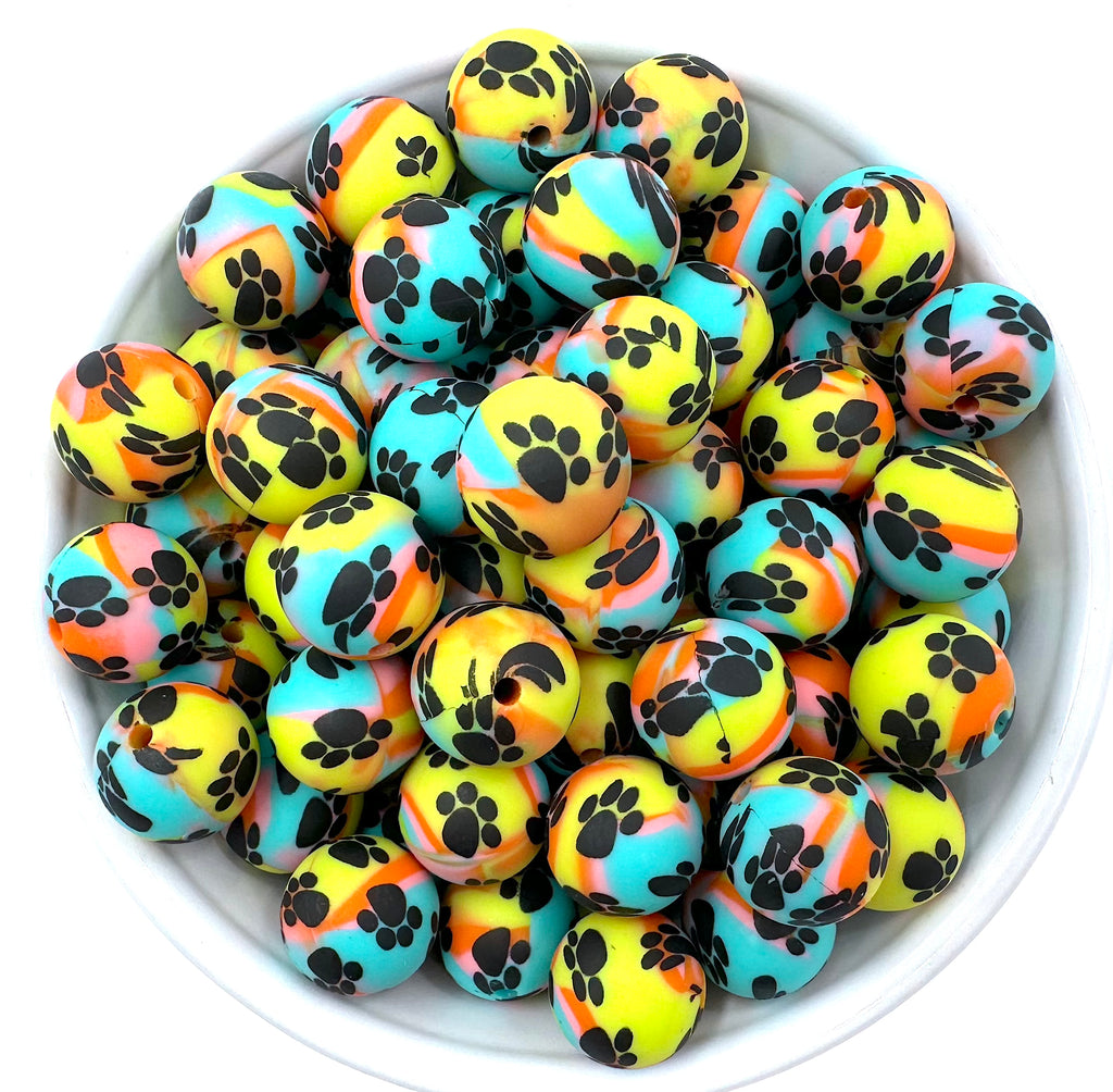 15mm Paw Print Silicone Beads--Rainbow Tie Dye