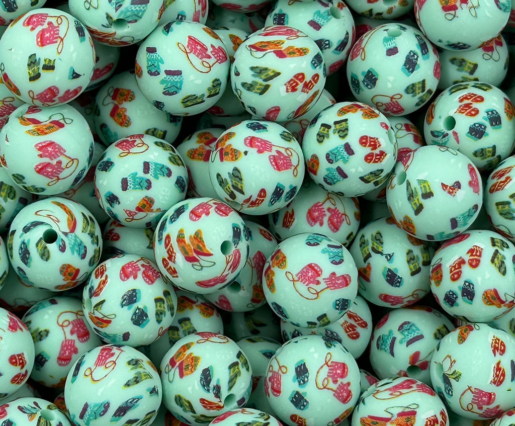 15mm Mint Mitten Printed Silicone Beads