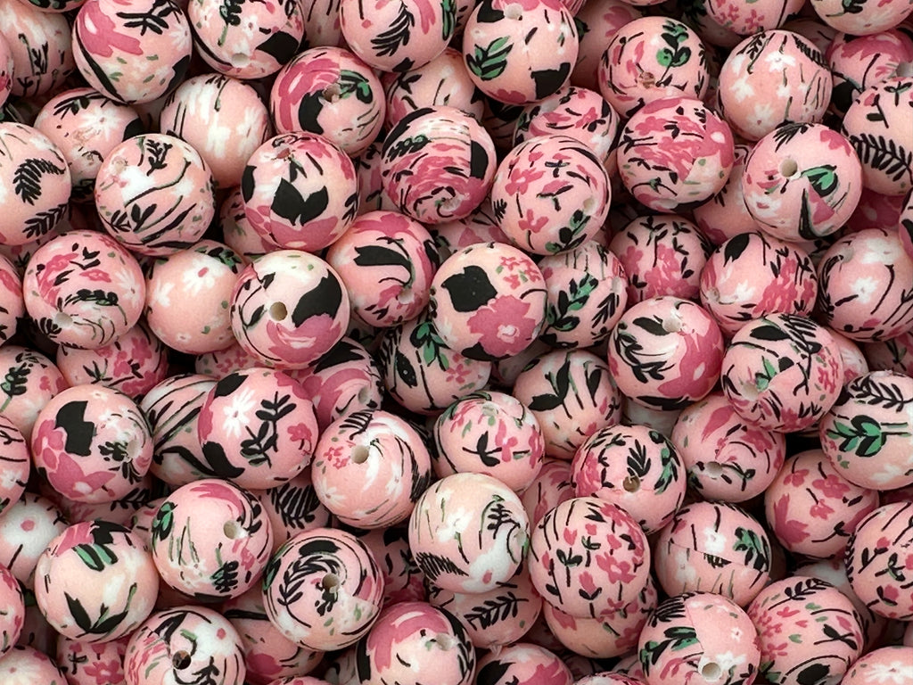 15mm Pink & Black Flower Silicone Beads