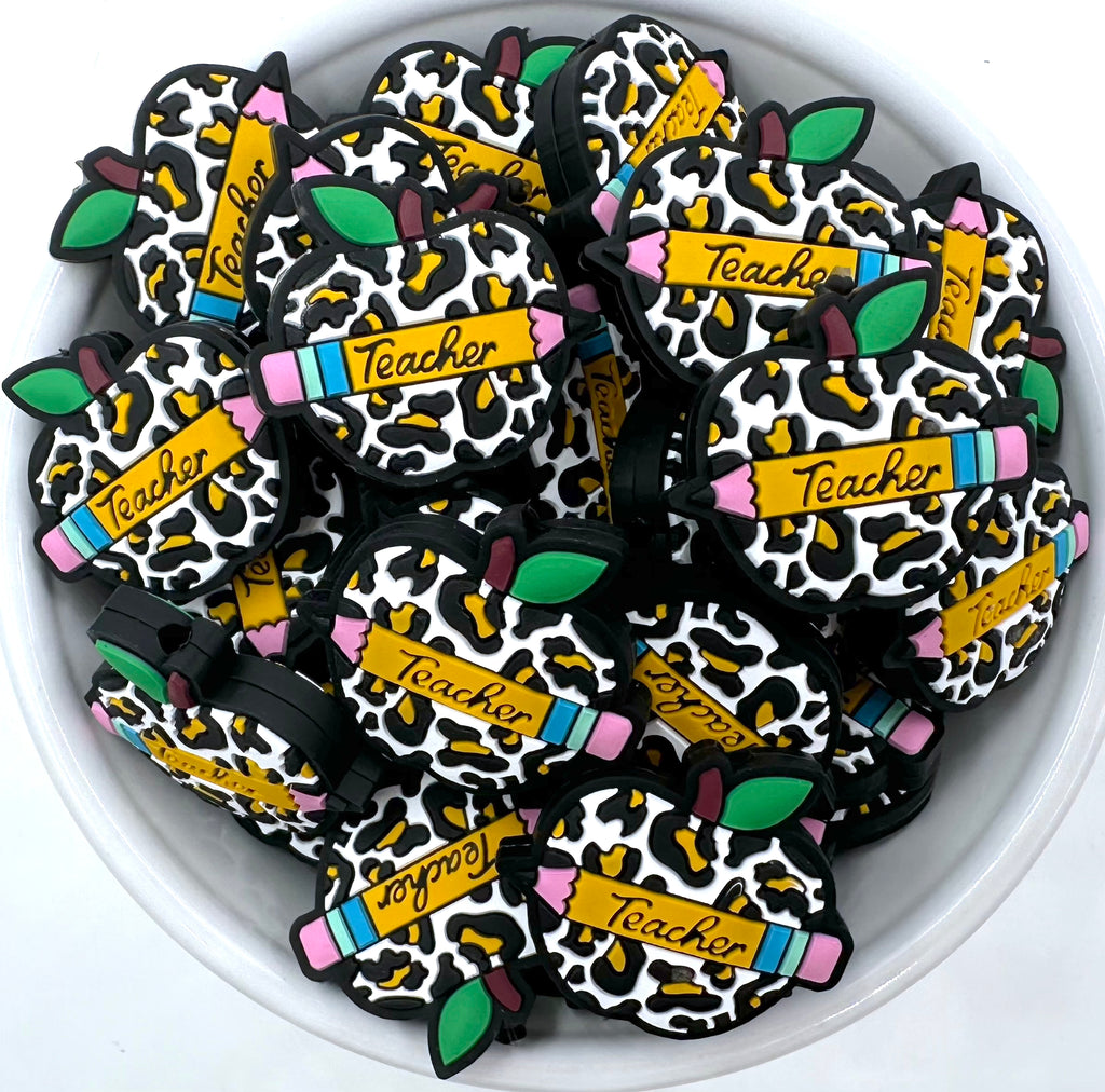 Leopard Teacher Apple Silicone Focal Beads--White