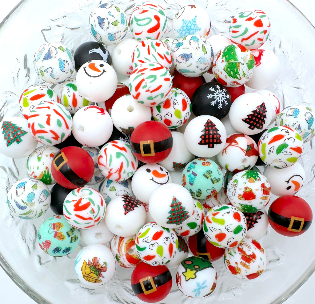 Christmas BULK 15mm Printed Silicone Beads--Grab Bag!