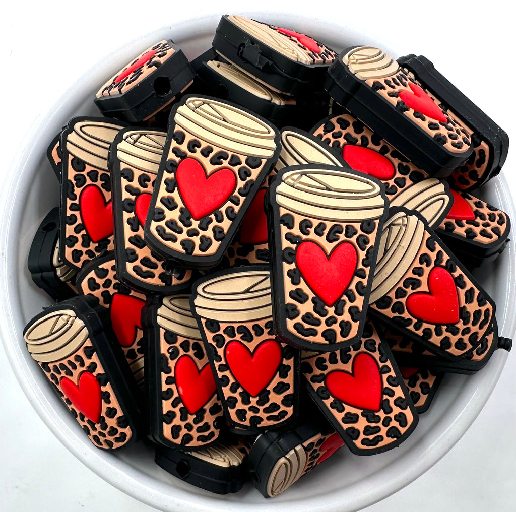Brown Leopard Heart Coffee Cup Silicone Beads