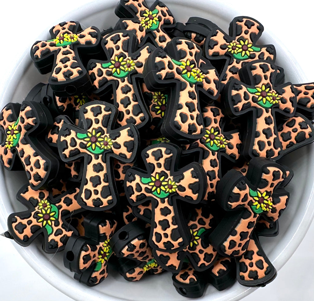 Sunflower Cross Silicone Focal Bead--Brown