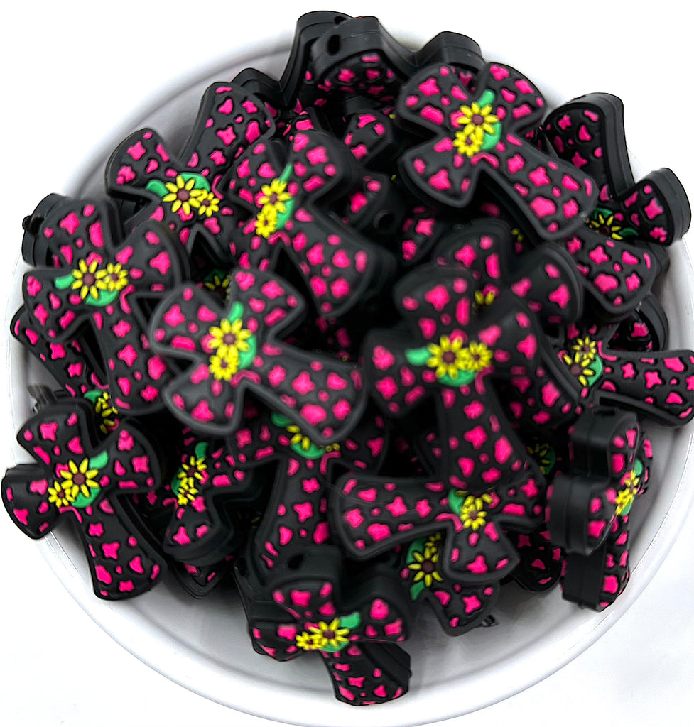 Sunflower Cross Silicone Focal Bead--Pink
