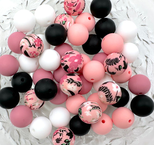 Pink & Black Flower Silicone Bead MixWhite, Pink Quartz, Perfectly P