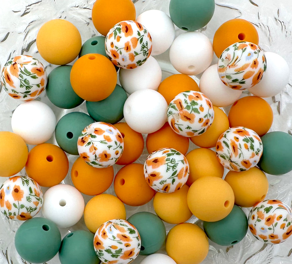 Yellow Flower Silicone Bead Mix--White, Golden Yellow, Mango, Eucalyptus