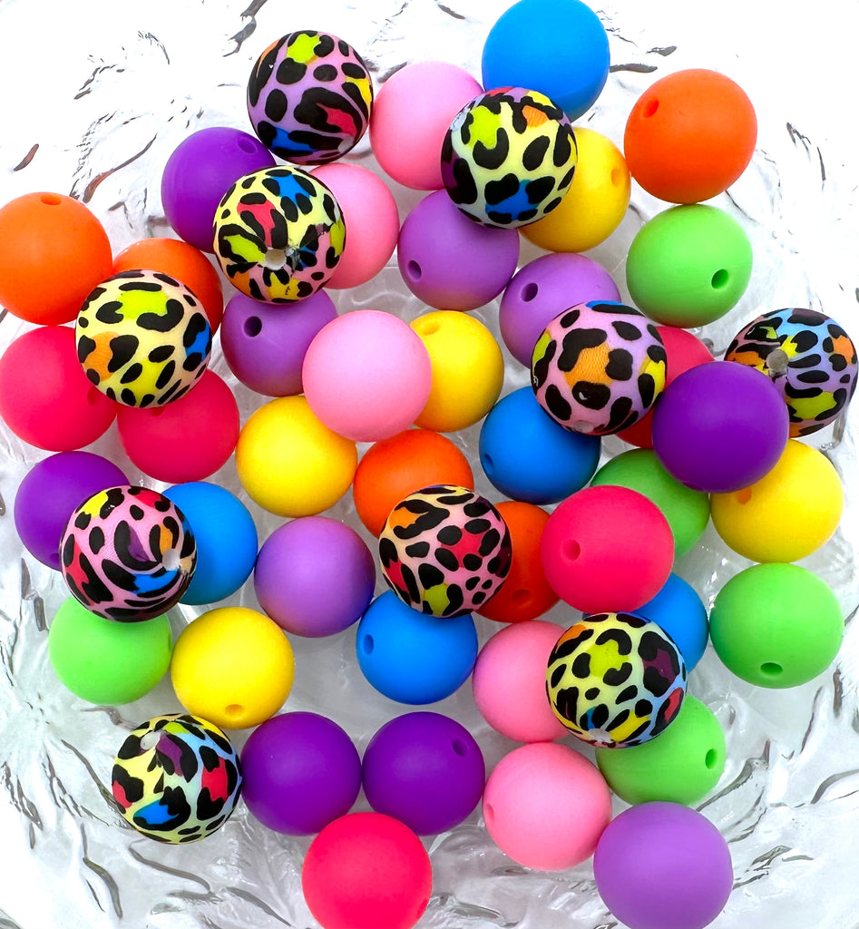 Neon Rainbow Leopard Silicone Bead Mix--Pink, Fuchsia, Orange, Yellow, Key Lime, Sky Blue, Lavender, Royal Purple
