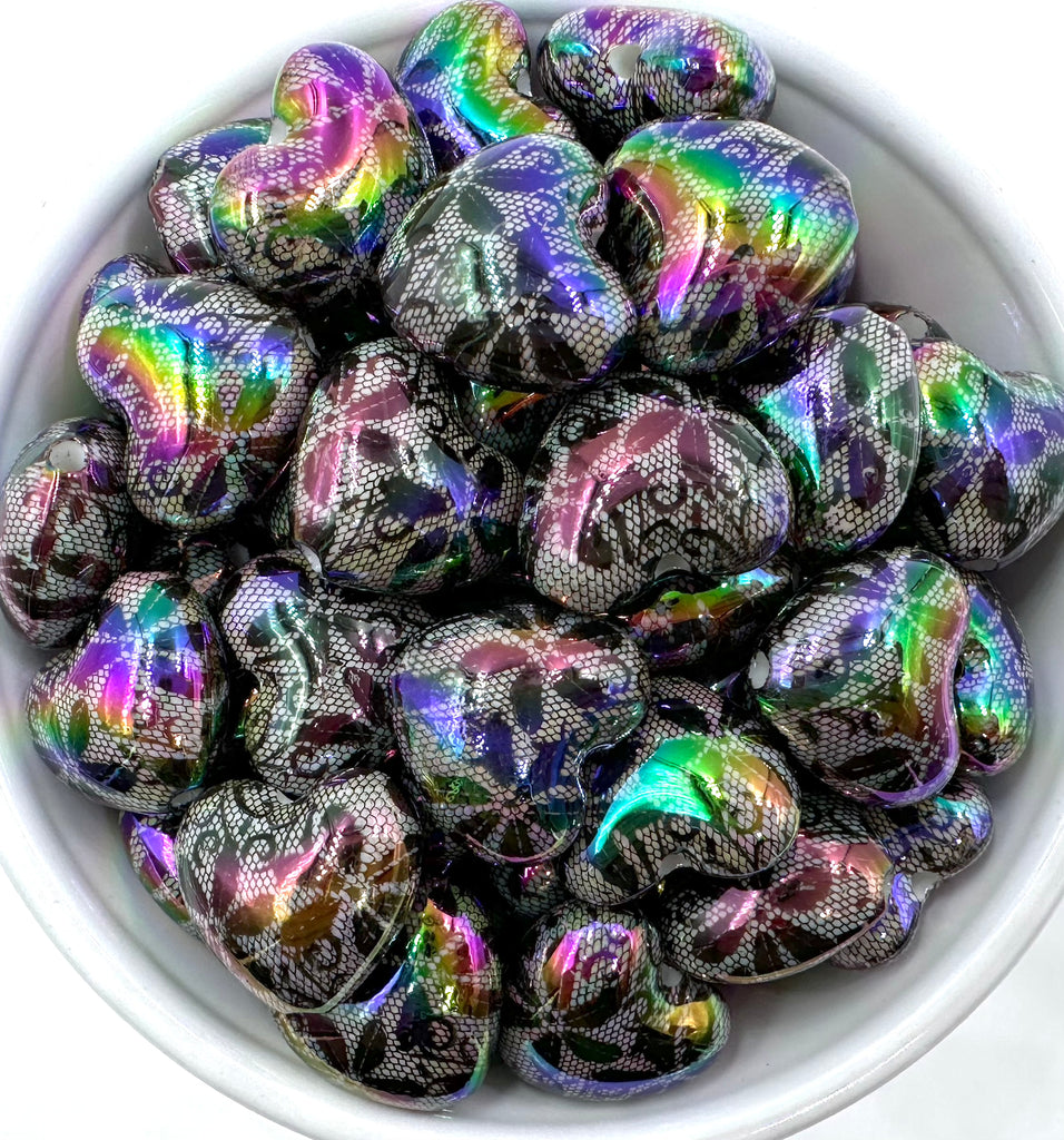 Black Lace Heart AB Iridescent Chunky Beads