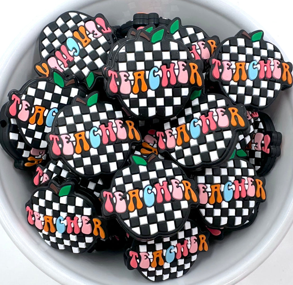 Black & White Checkered Apple Teacher Silicone Focal Beads