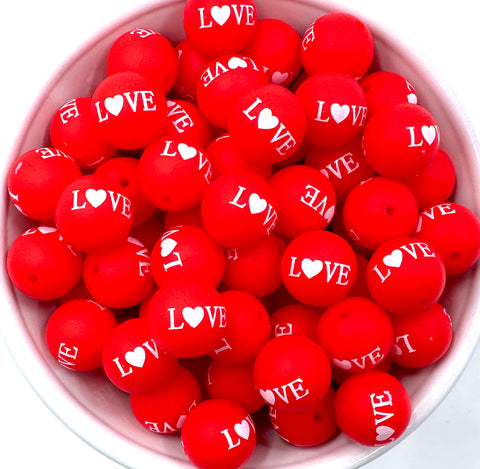 Red LOVE Valentine's Print Silicone Beads--15mm