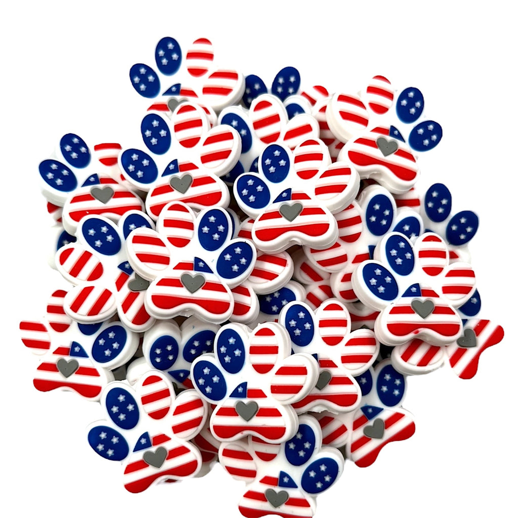 Red, White & Blue Flag Paw Print Silicone Focal Beads
