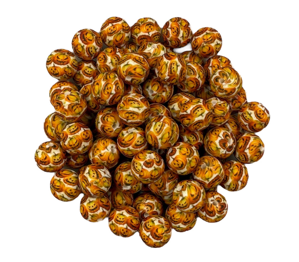 All Over Jack-O-Lantern Pumpkin Print Silicone Beads--15mm