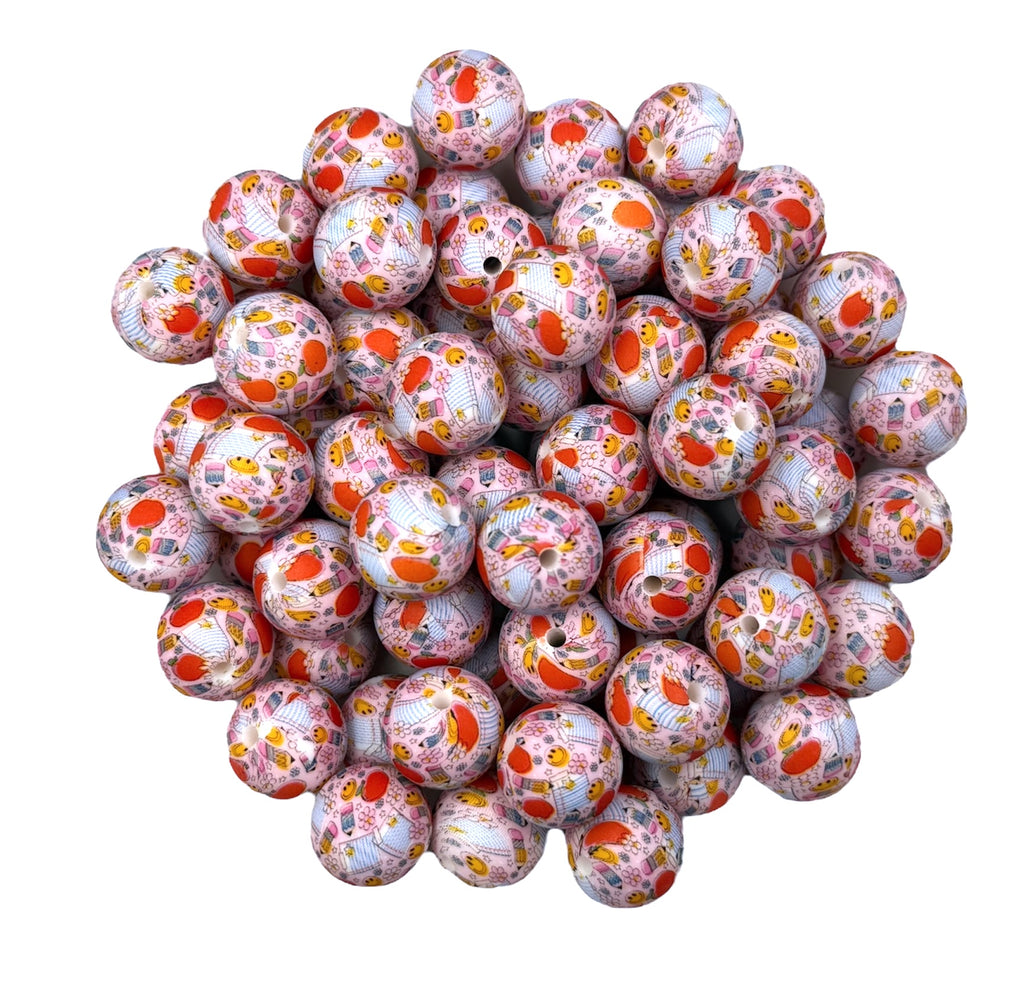 School Apple, Paper & Pencil Printed Silicone Beads--15mm