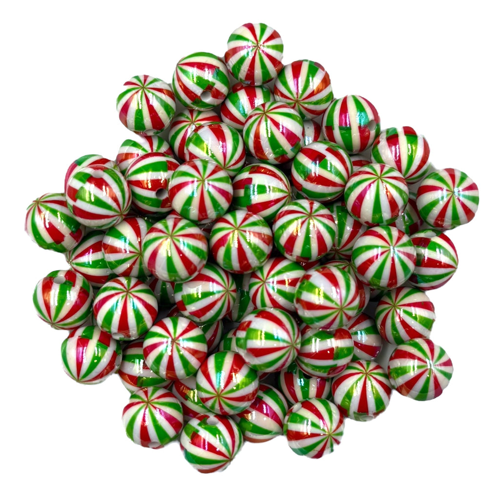 16mm Red & Green Peppermint Swirl AB Iridescent Chunky Beads