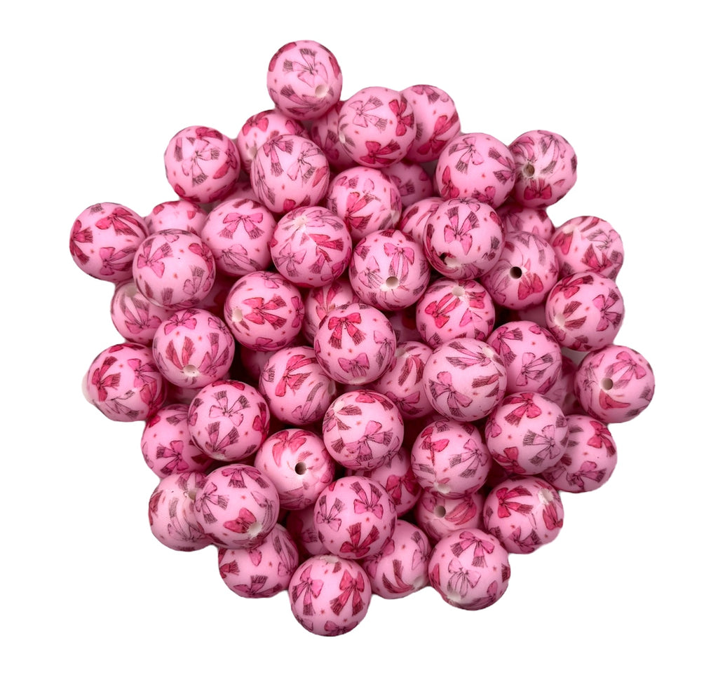 Pink Bow Printed Silicone Beads--15mm