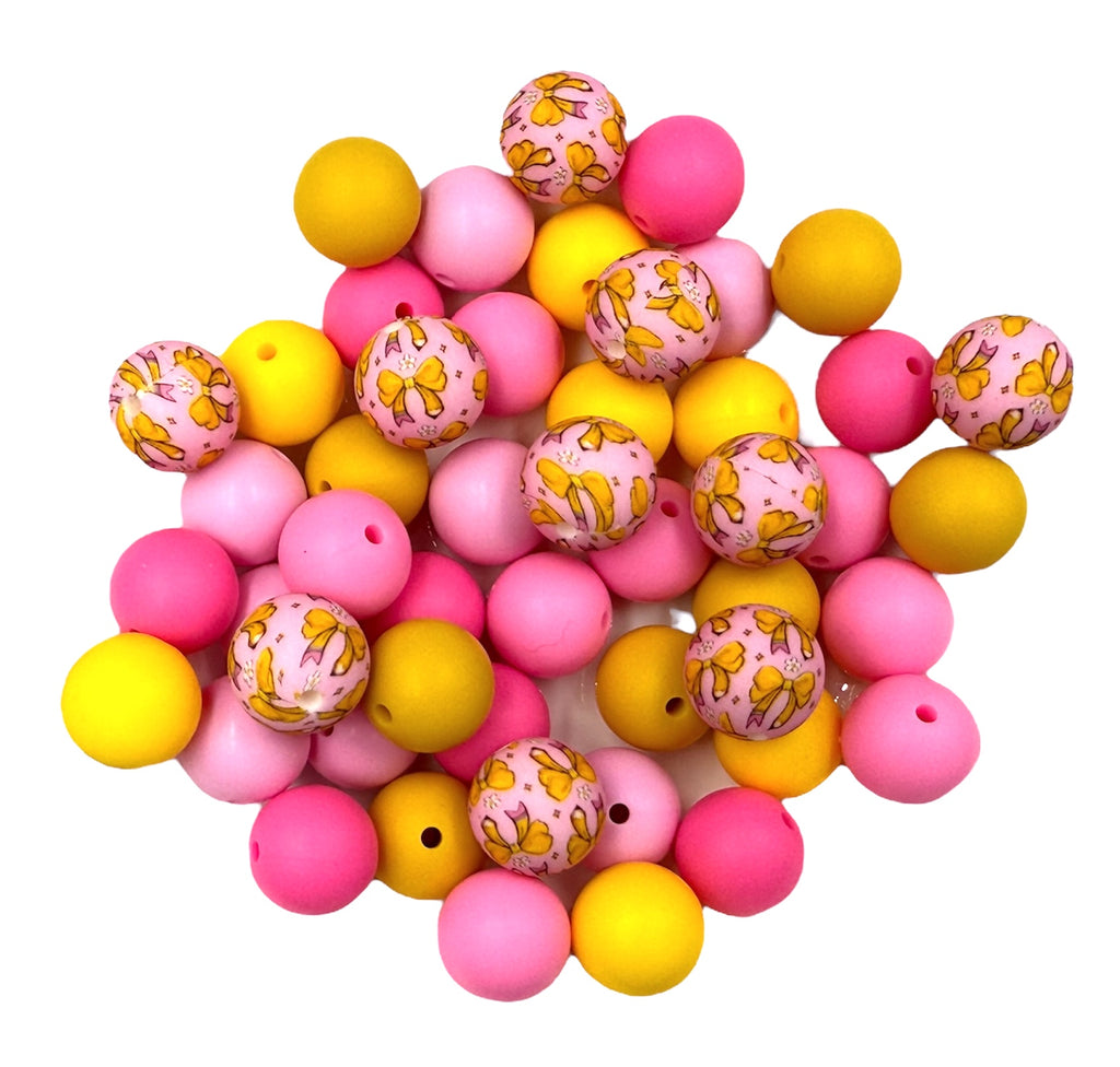 Pencil Bow Silicone Bead Mix-- Light Pink, Yellow, Pink, Flamingo, Sunflower