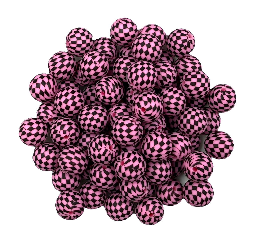 Hot Pink Checkered Print Silicone Beads--15mm