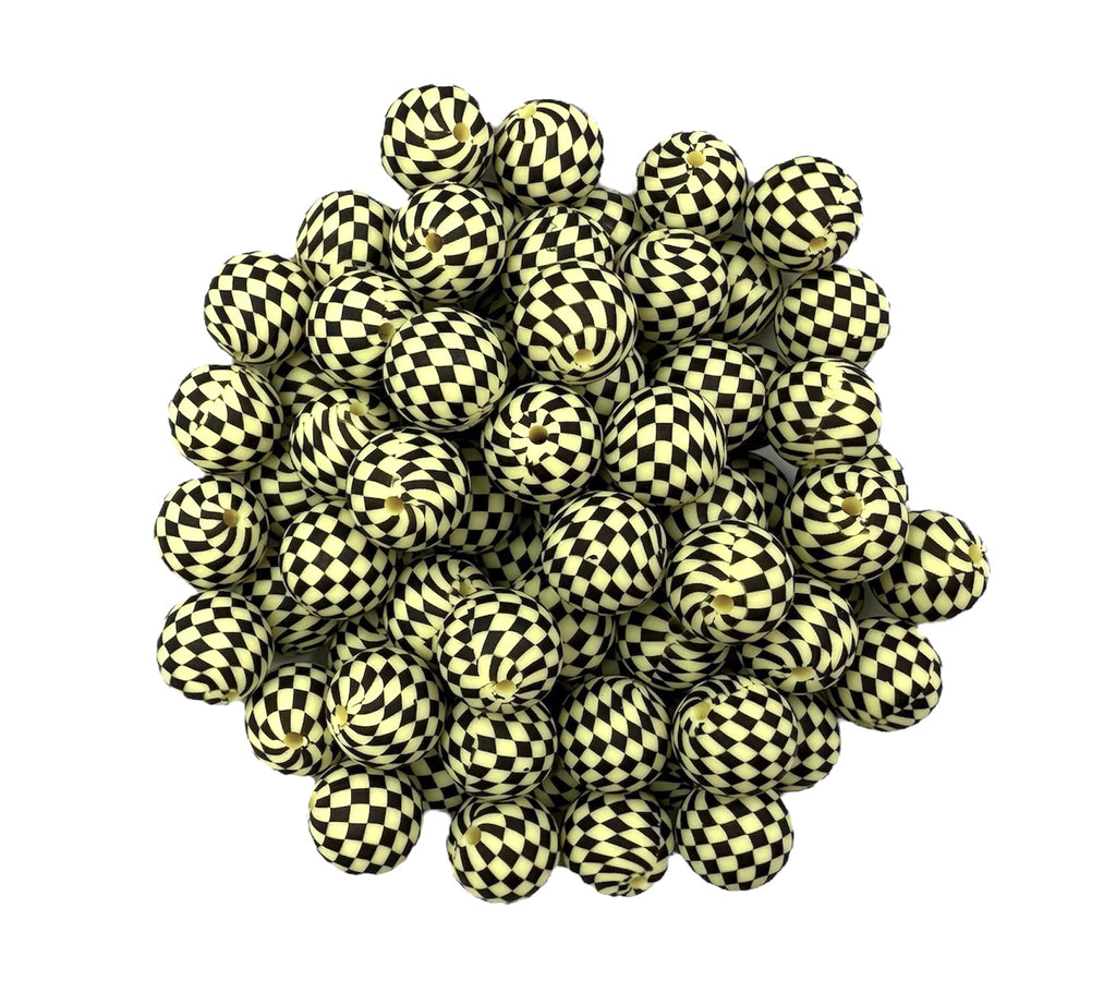 Light Yellow Checkered Print Silicone Beads