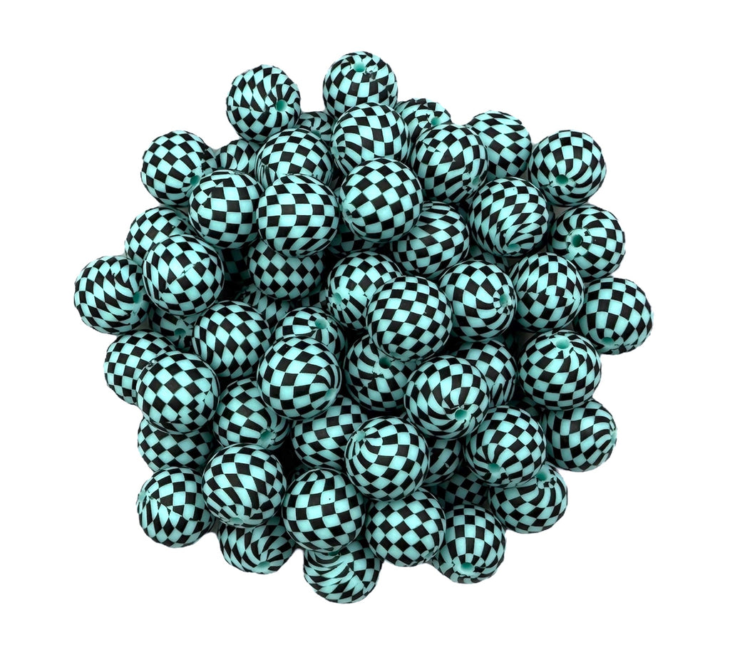 Aqua Blue Checkered Print Silicone Beads