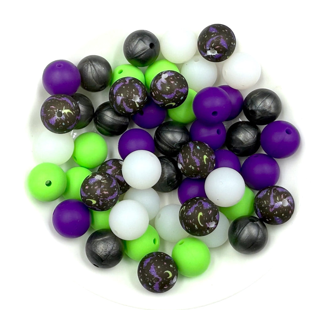 Halloween Night Silicone Bead Mix--Clear, Purple Passion, Key Lime, Metallic Black