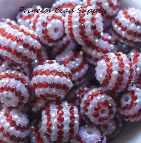 20mm Red & White Striped AB Rhinestone Chunky Beads