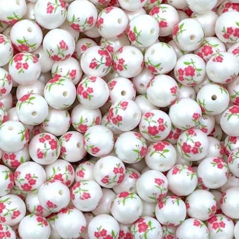 12mm Pink Flower Printed Acrylic Beads