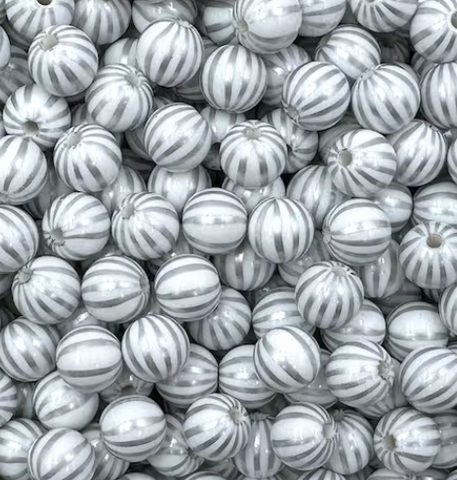 12mm White & Silver Pin Striped Acrylic Beads