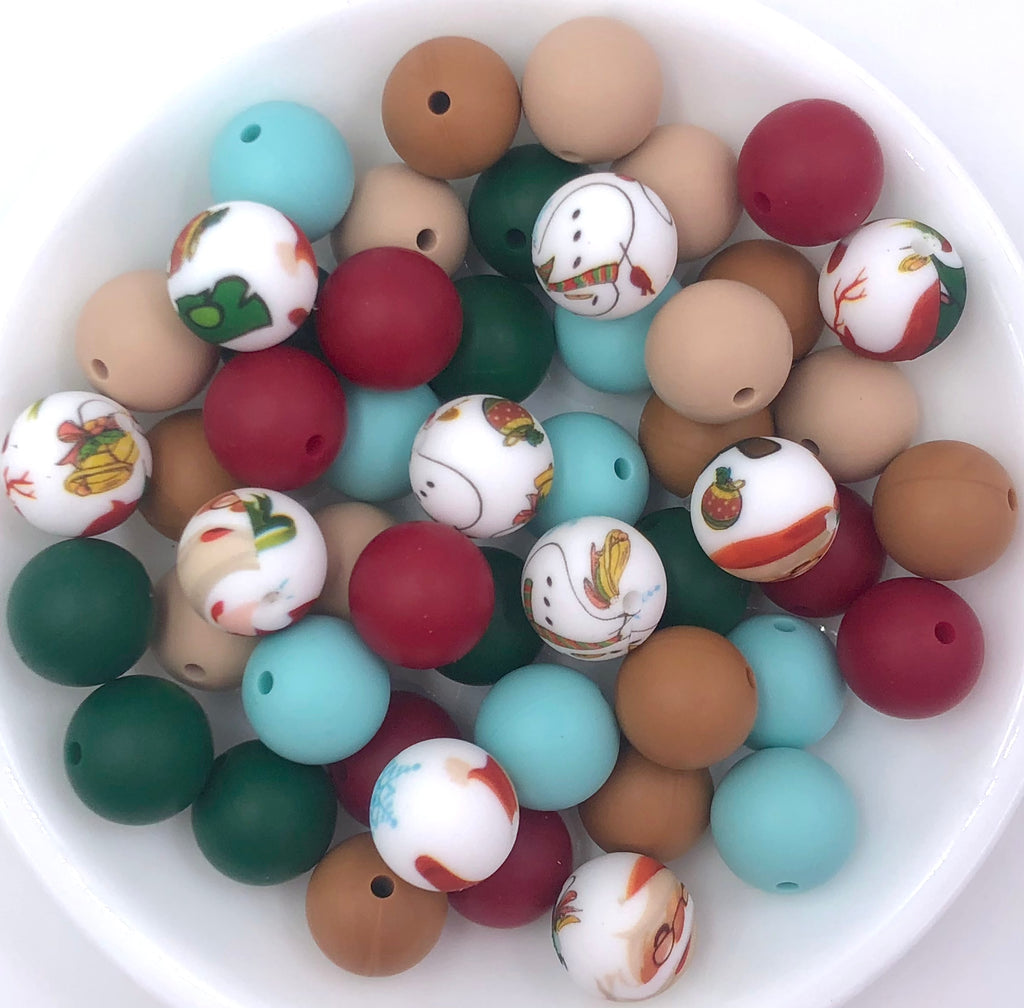 Boho Christmas Mix Silicone Bead Mix,  50 or 100 BULK Round Silicone Beads