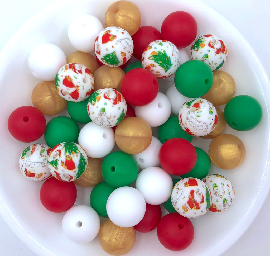 Merry Christmas Mix Silicone Bead Mix,  50 or 100 BULK Round Silicone Beads