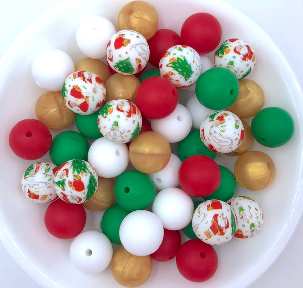 Merry Christmas Mix Silicone Bead Mix, 50 or 100 BULK Round Silicone B