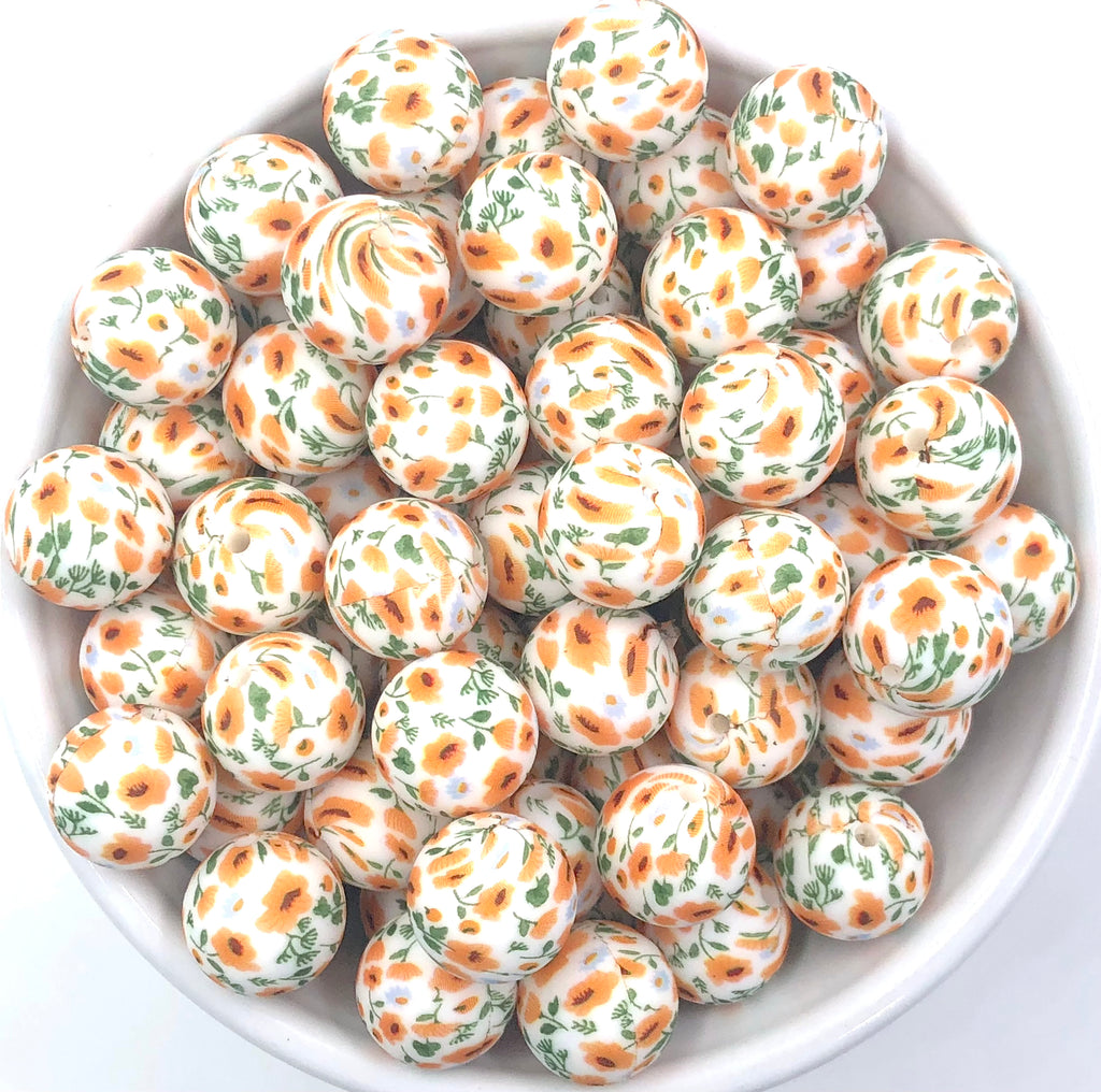 Yellow Flower Print Silicone Beads--15mm
