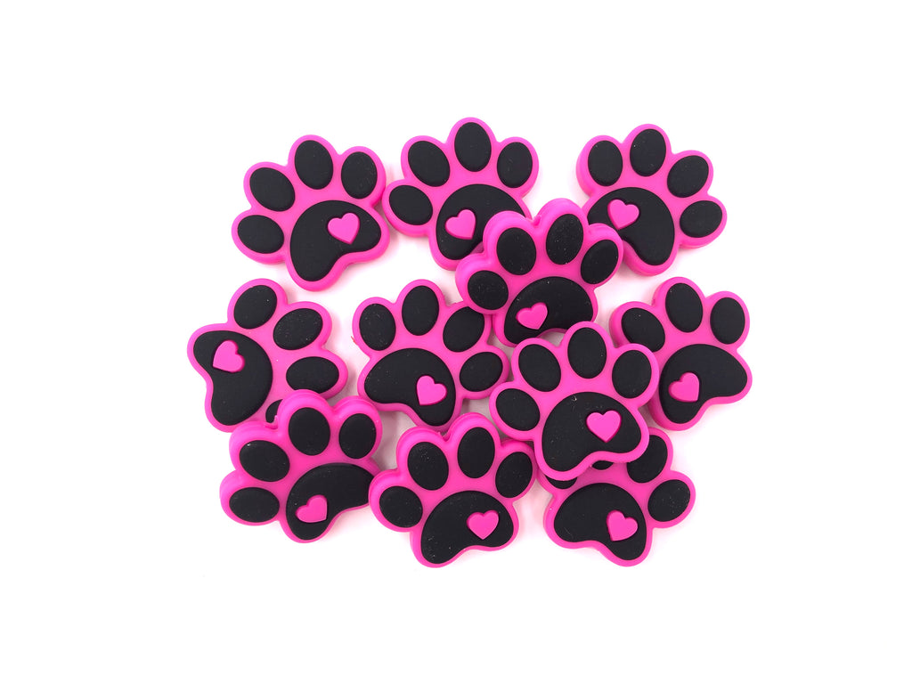Paw Print Silicone Beads--Hot Pink