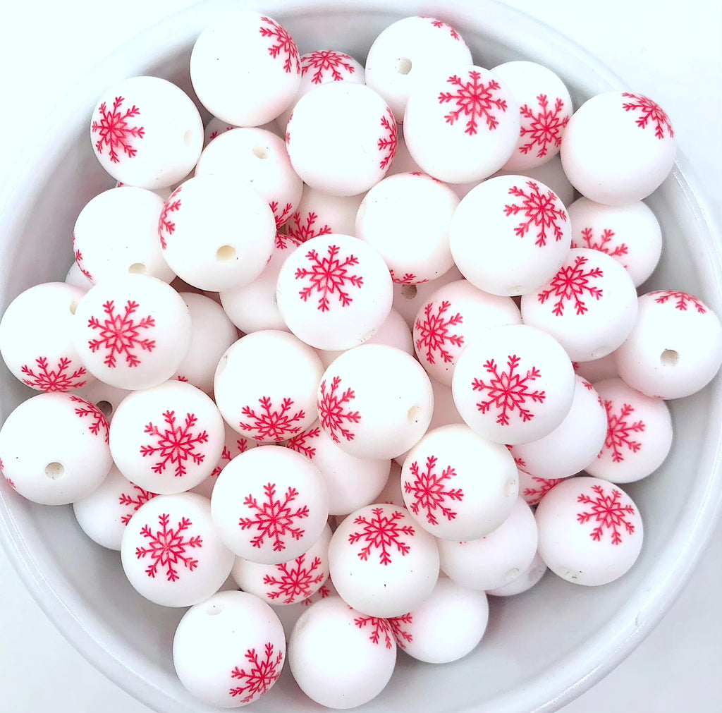 Red Snowflake Printed Silicone Beads--15mm