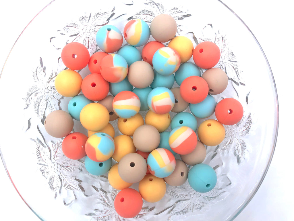 Desert Summer Tie Dye Silicone Bead Mix,  50 or 100 BULK Round Silicone Beads
