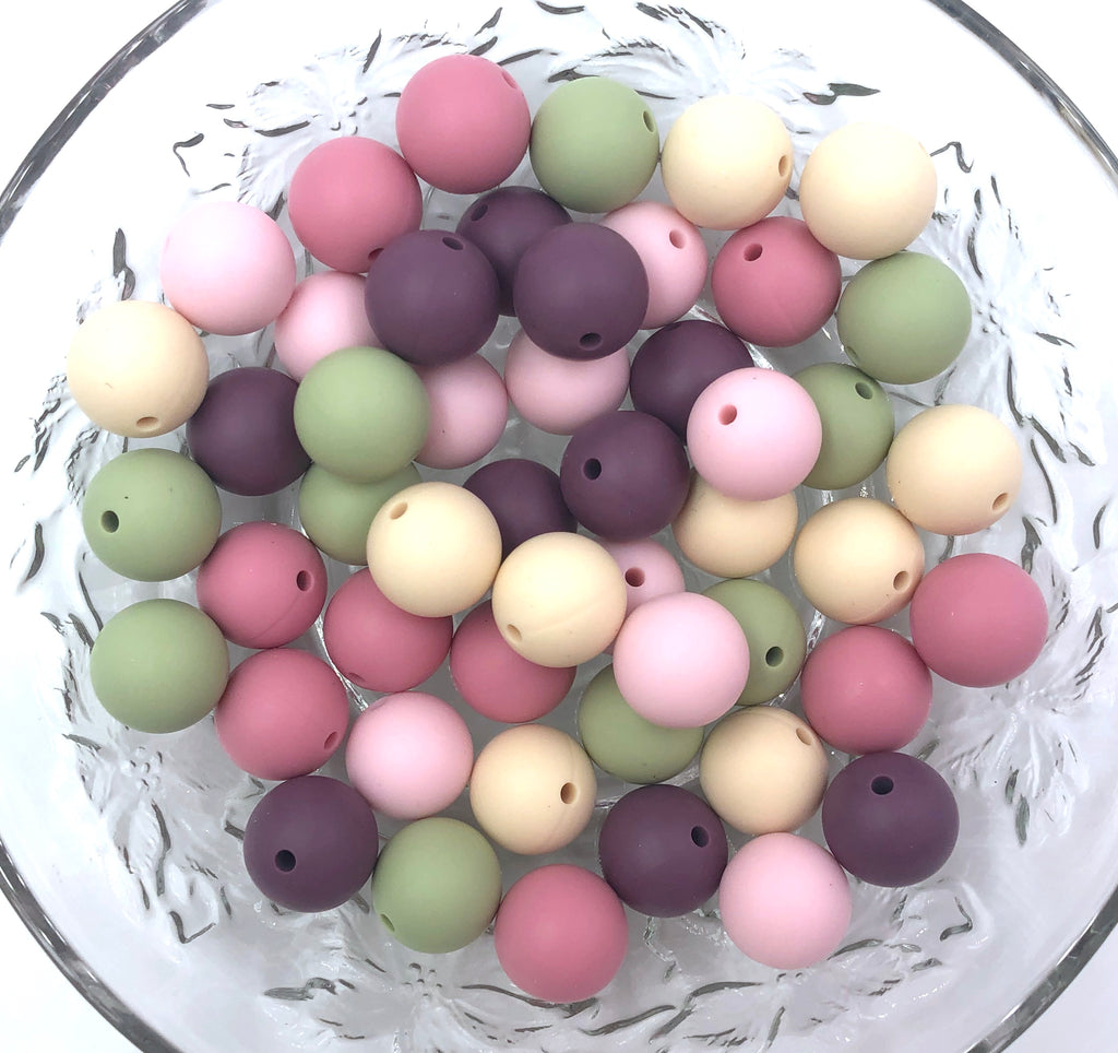 Powder Pink, Dusty Rose, Light Plum, Sage & Beige BULK Round Silicone Beads