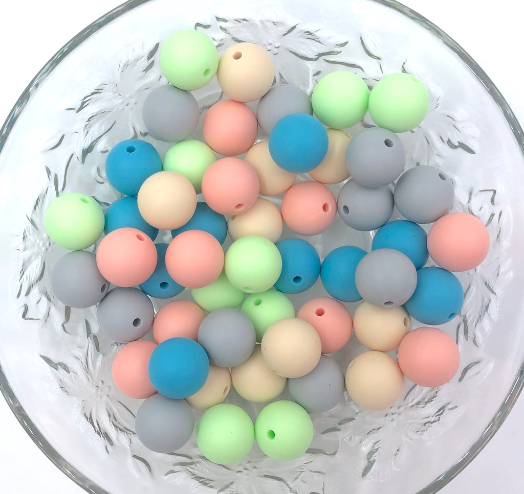 Beige, Honeydew, Peach Peony, Island Blue & Light Gray BULK Round Silicone Beads