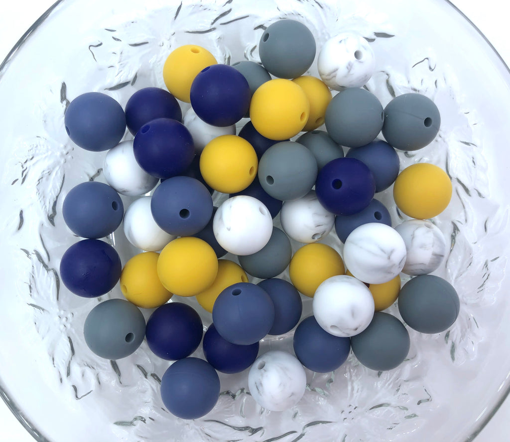 Marble, Sunflower, Navy, Denim and Gray BULK Round Silicone Beads