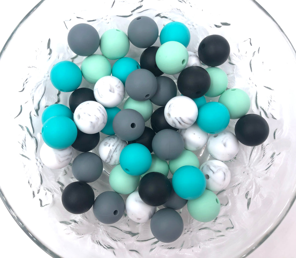 Marble, Mint, Turquoise, Gray and Black BULK Round Silicone Beads