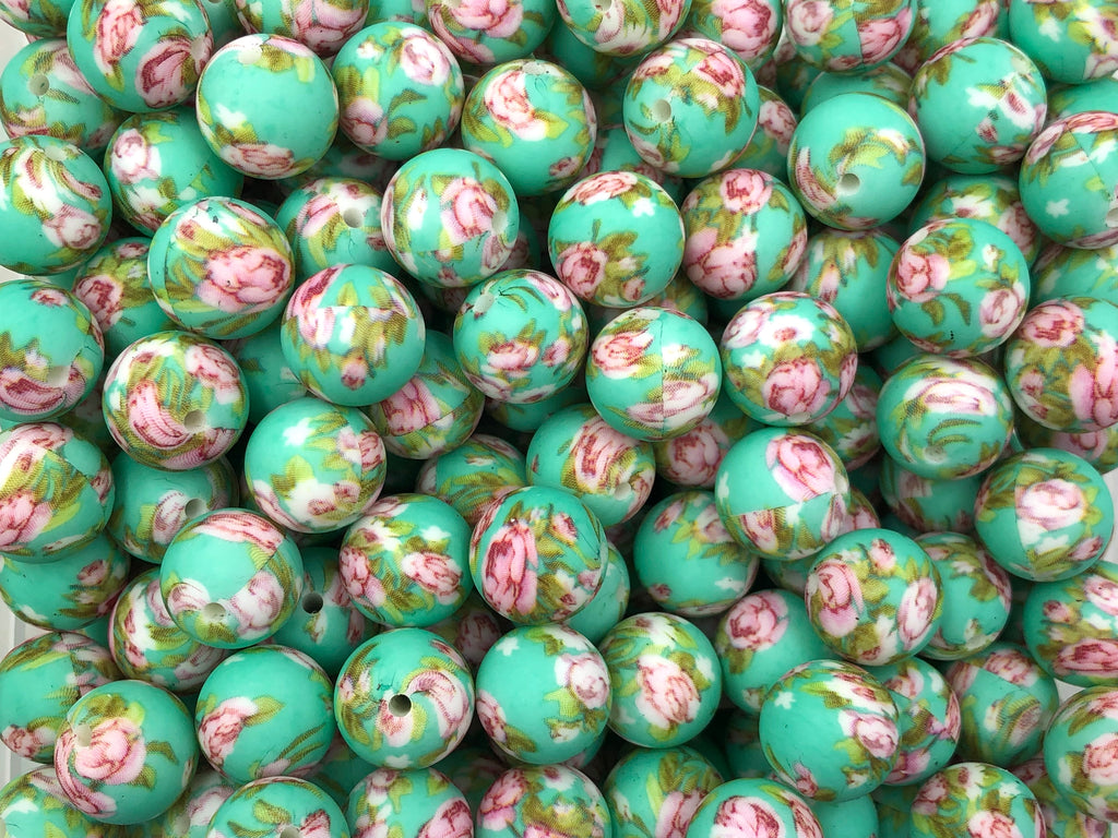 Mint Green Victorian Flower Print Silicone Beads--15mm