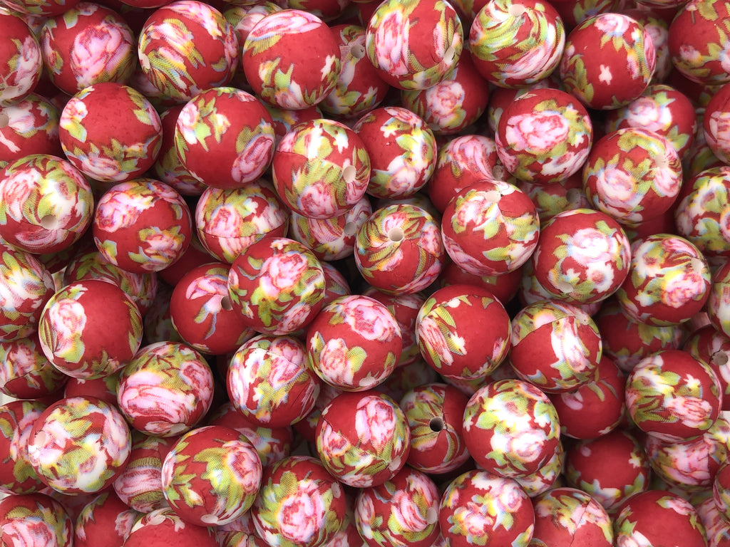 Red Victorian Flower Print Silicone Beads--15mm