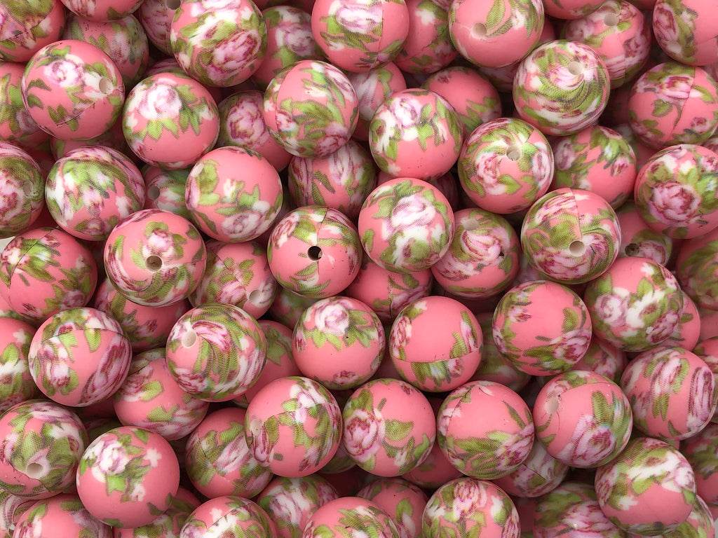 Pink Victorian Flower Print Silicone Beads--15mm