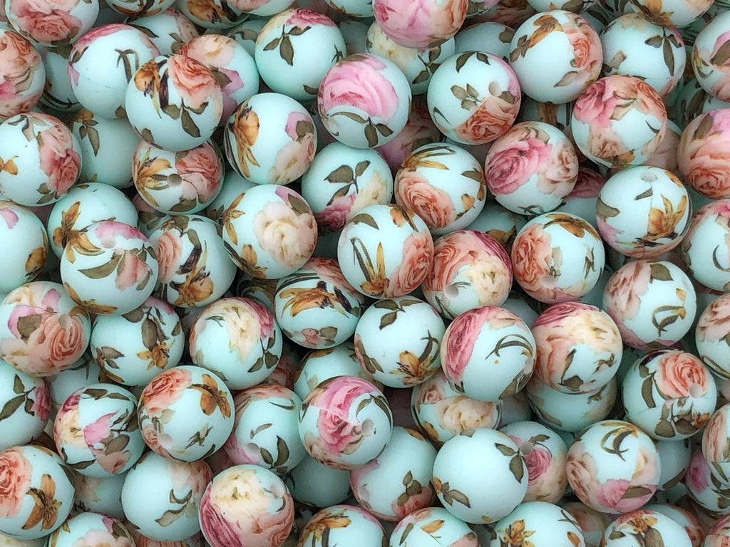 Light Blue Victorian Flower Print Silicone Beads--15mm