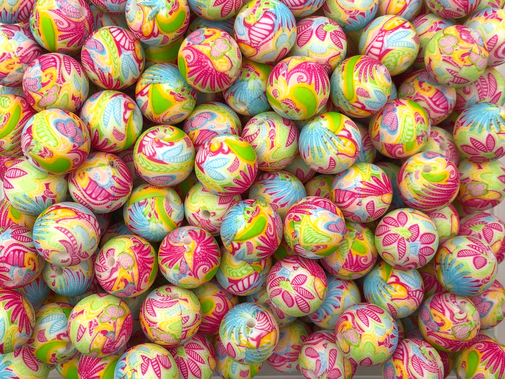 Tropical Flower Print Silicone Beads--15mm